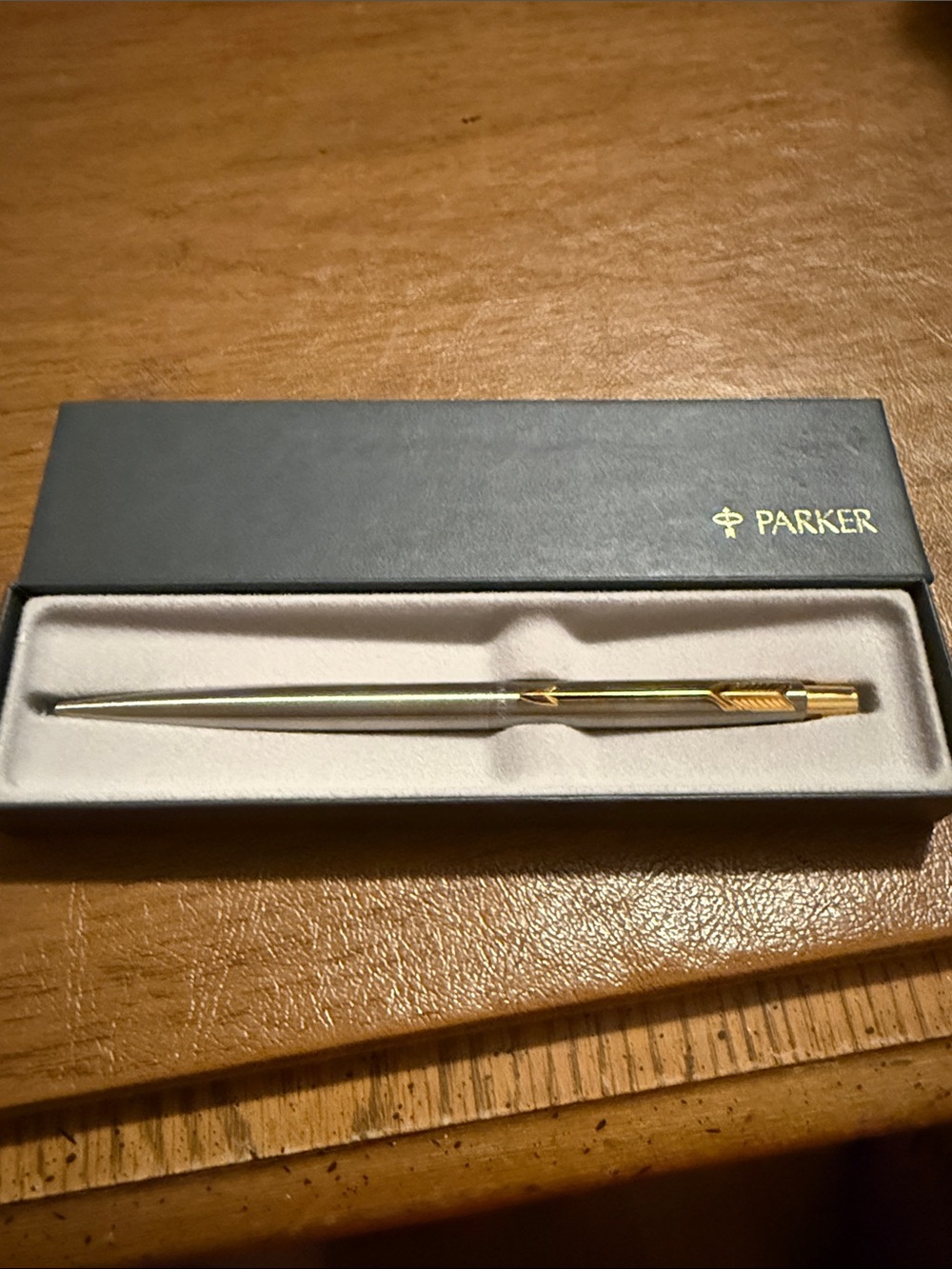 Parker Brushed Silver Ballpoint Pen with Gold Trim
